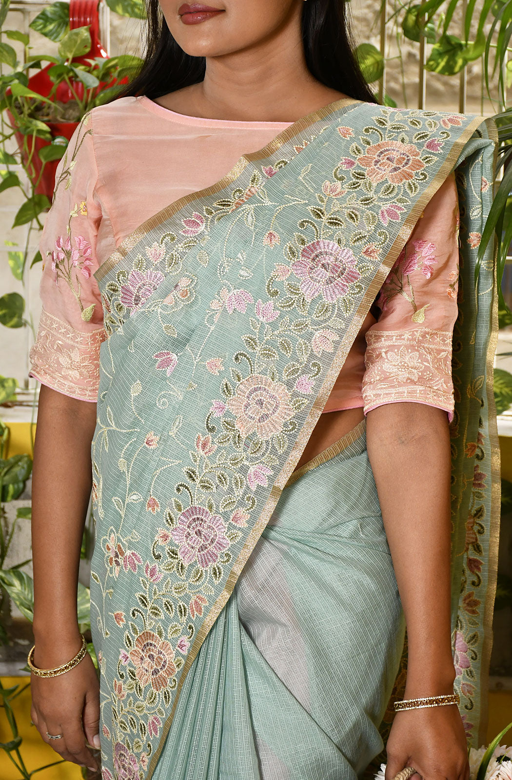 Sea Green Kota Check Embroidered Saree - Naksheband