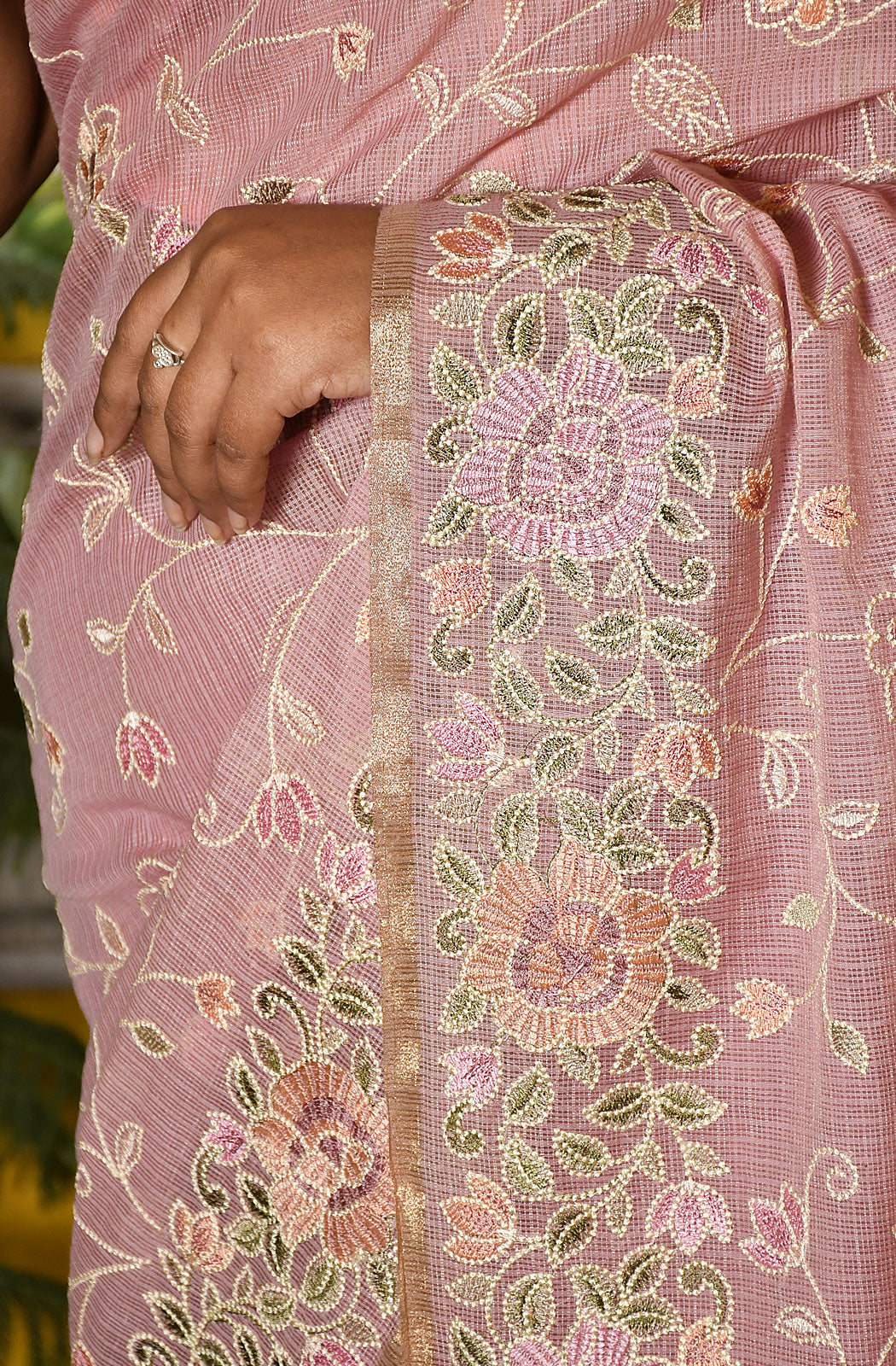 Onion Pink Kota Check Embroidered Saree - Naksheband