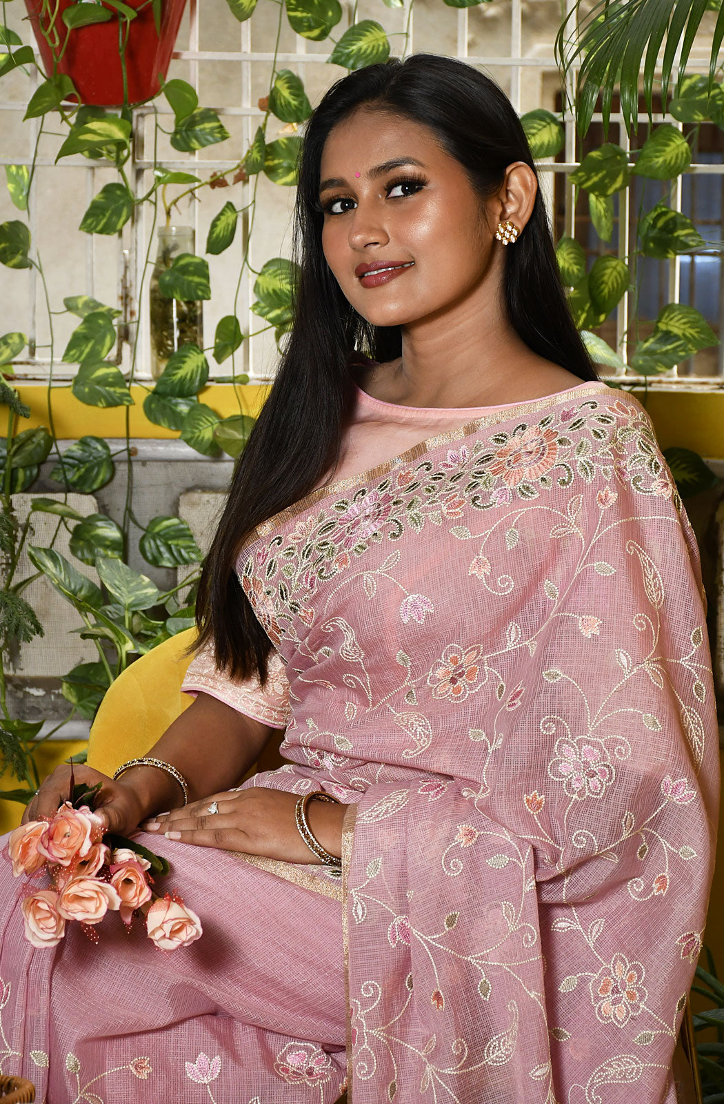 Onion Pink Kota Check Embroidered Saree - Naksheband