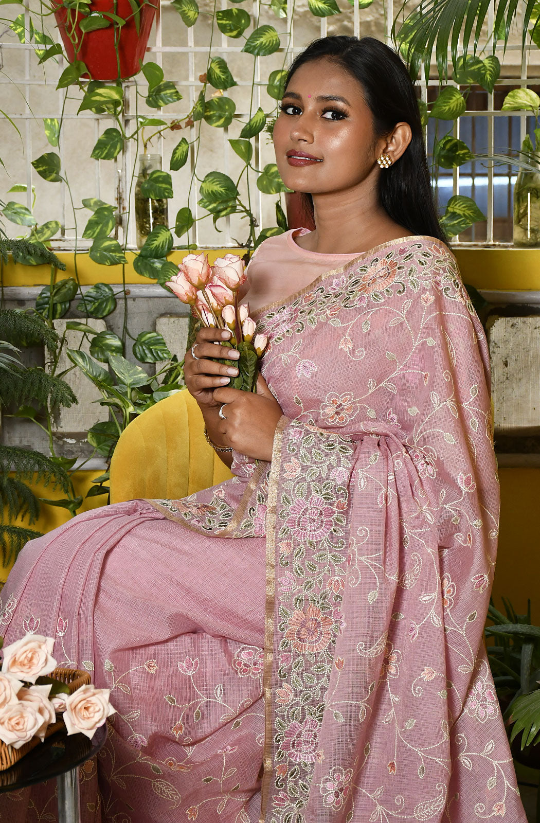 Onion Pink Kota Check Embroidered Saree - Naksheband