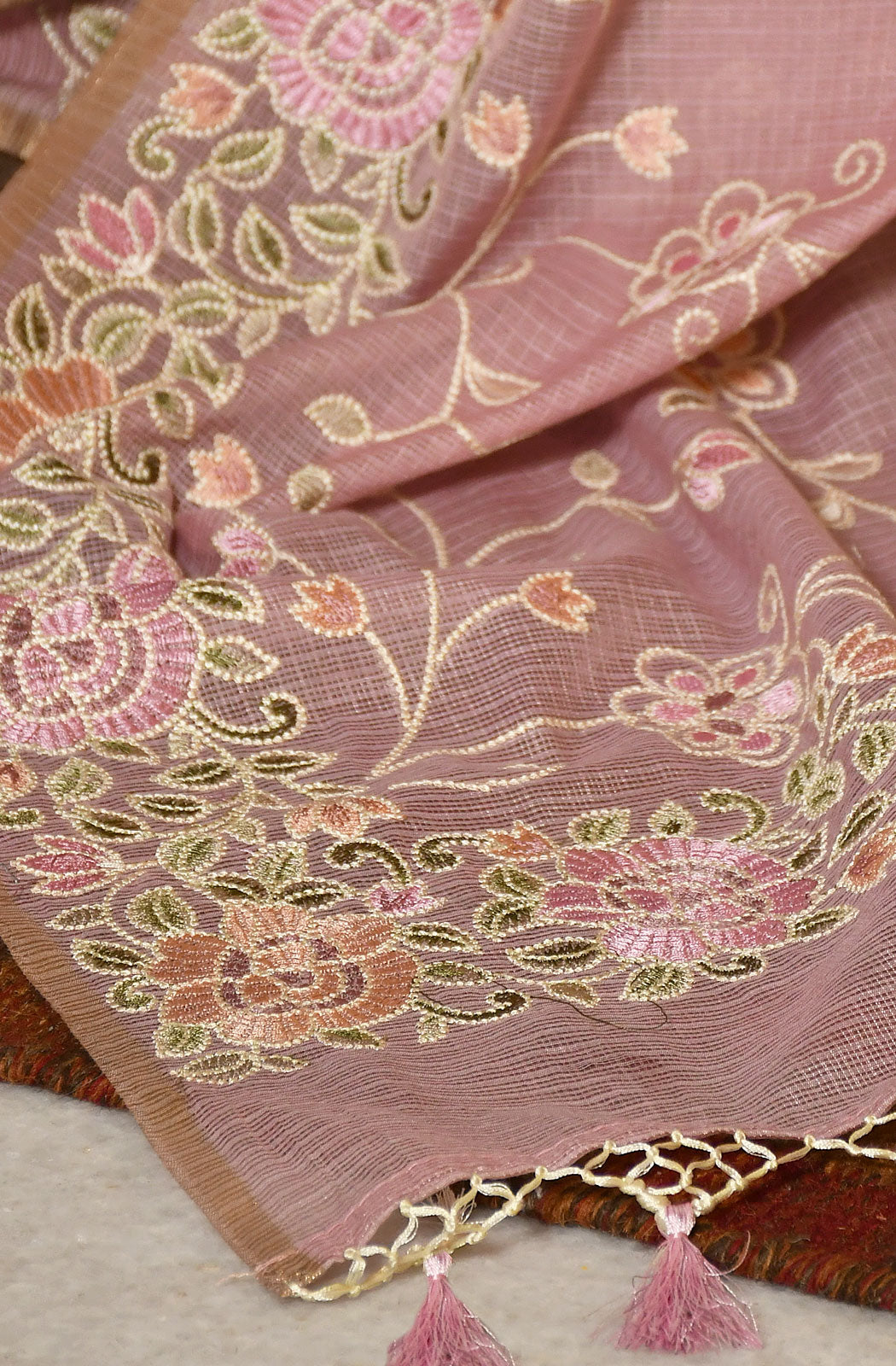 Onion Pink Kota Check Embroidered Saree - Naksheband