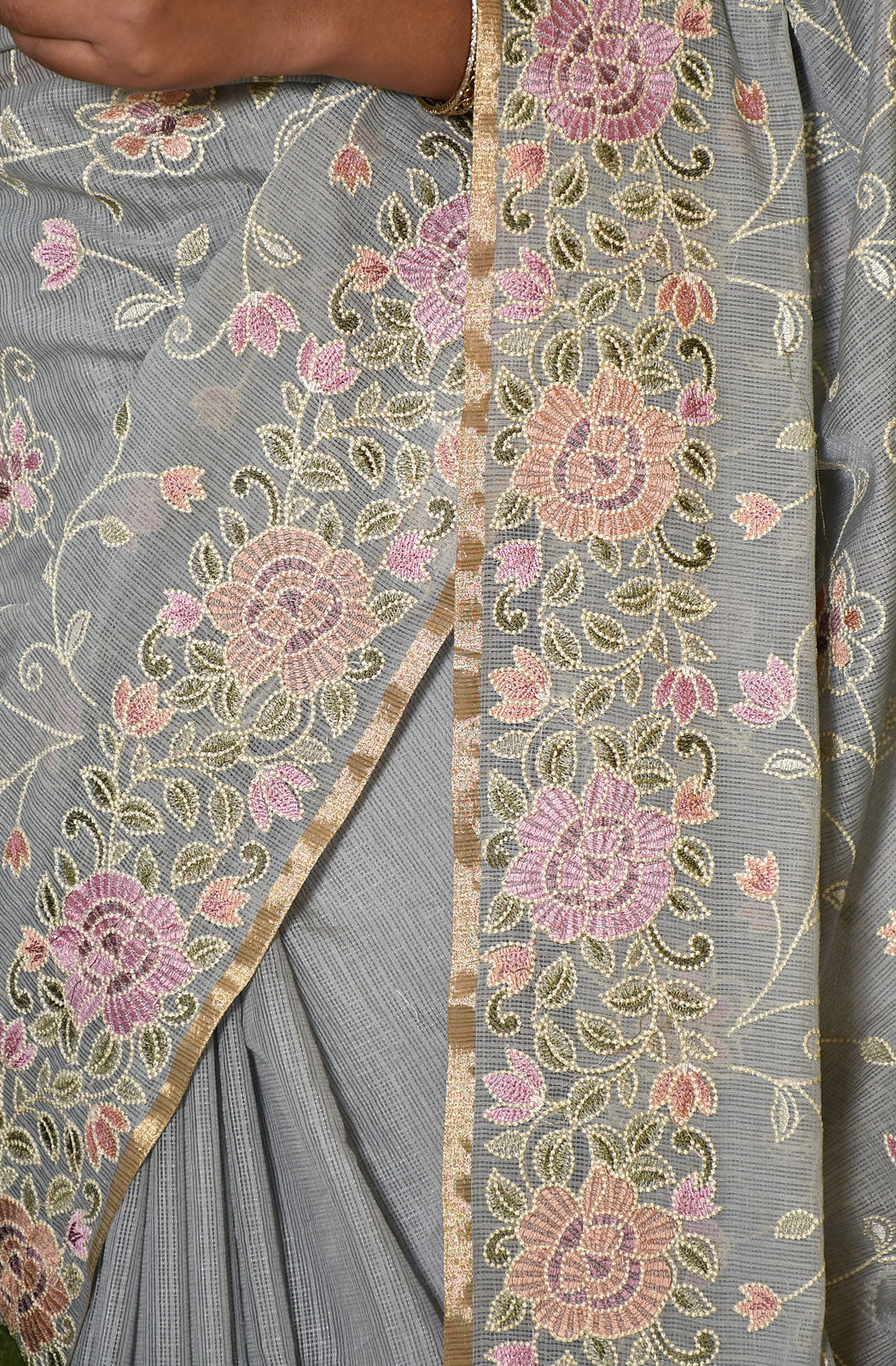 Grey Kota Check Embroidered Saree - Naksheband
