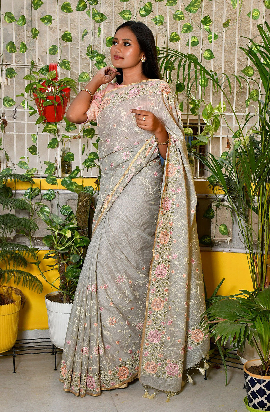 Light Grey Kota Check Embroidered Saree - Naksheband