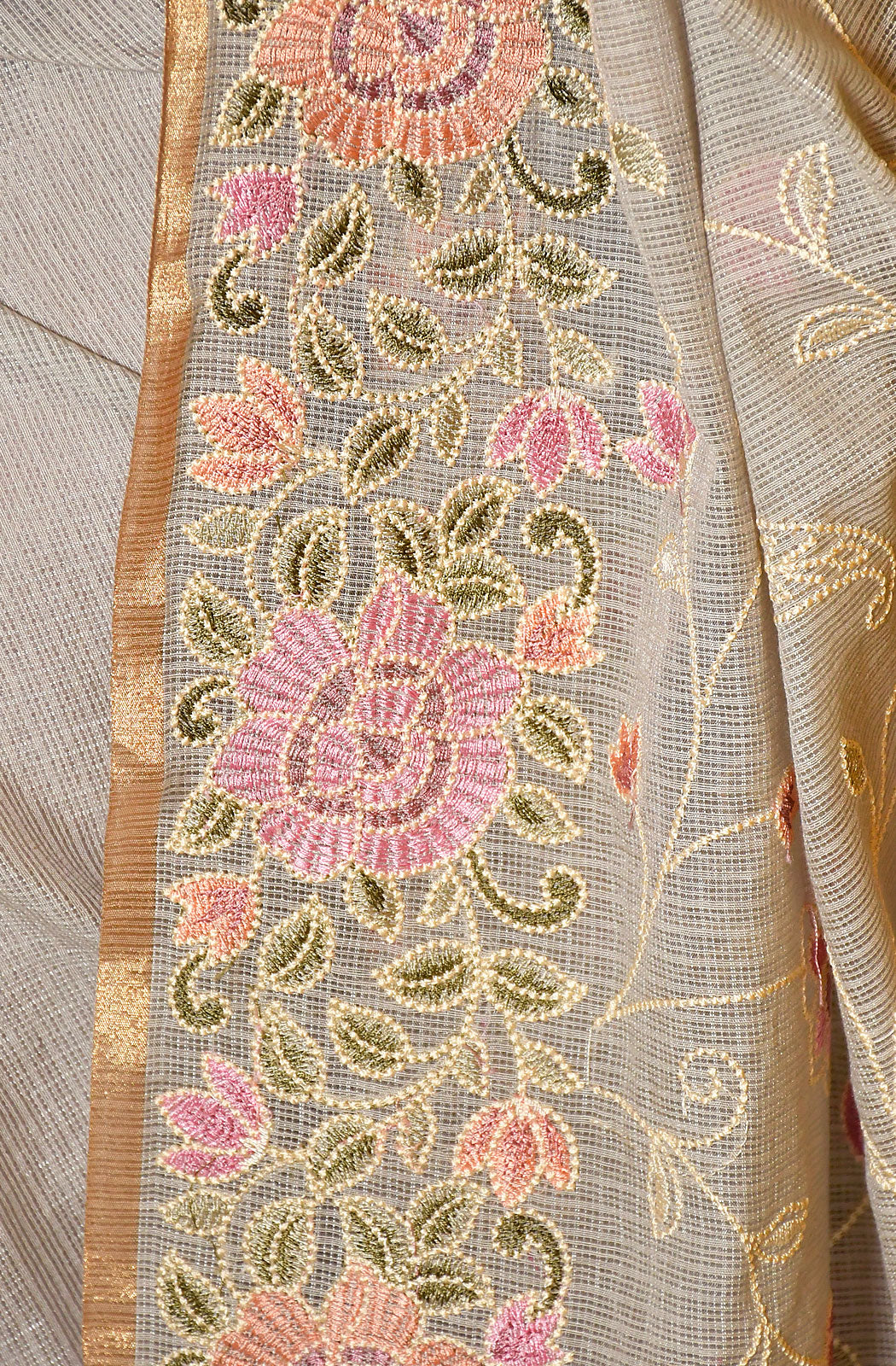 Light Grey Kota Check Embroidered Saree - Naksheband