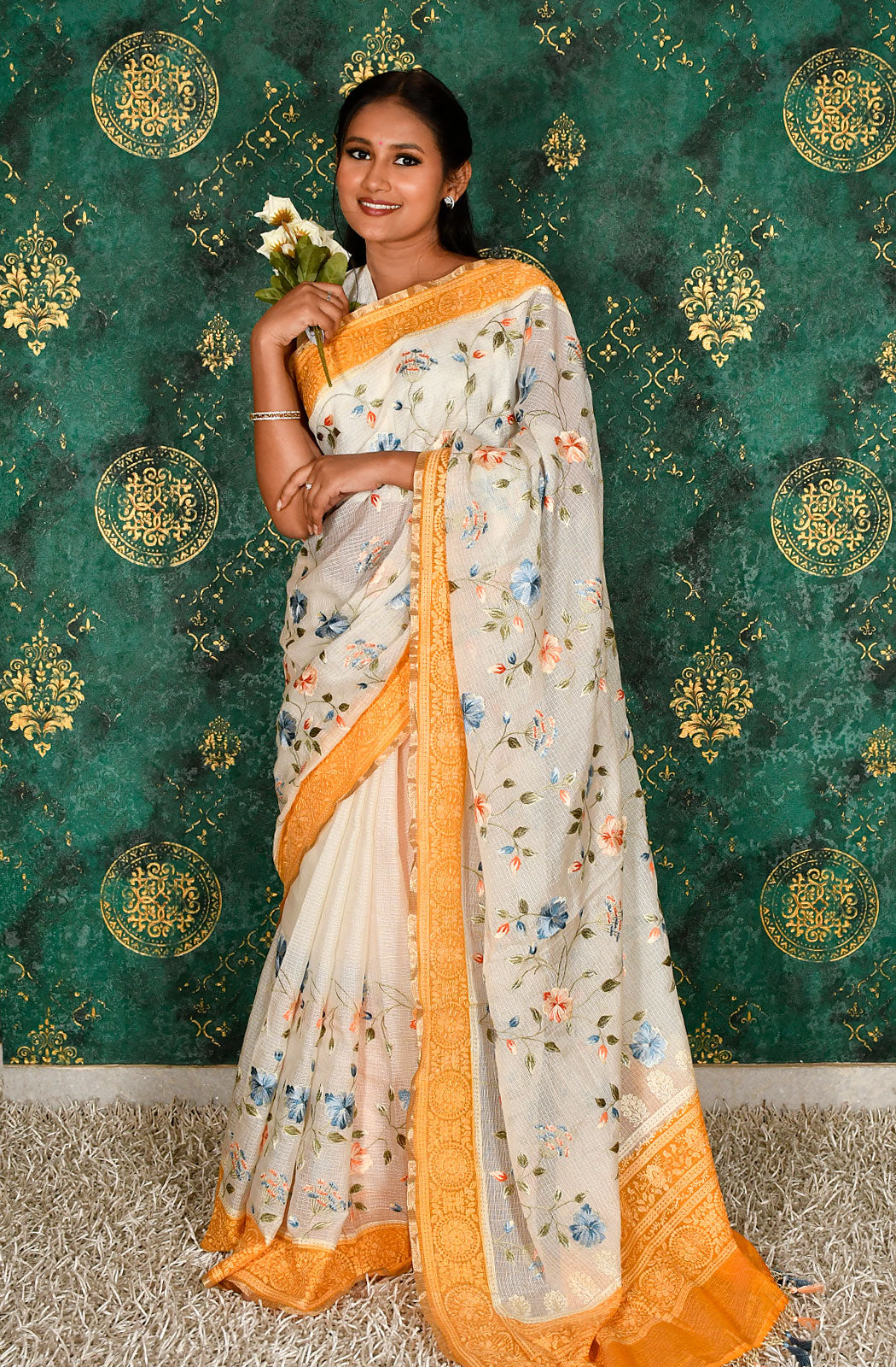 Off White and Mustard Kota Check Embroidered Saree - Naksheband