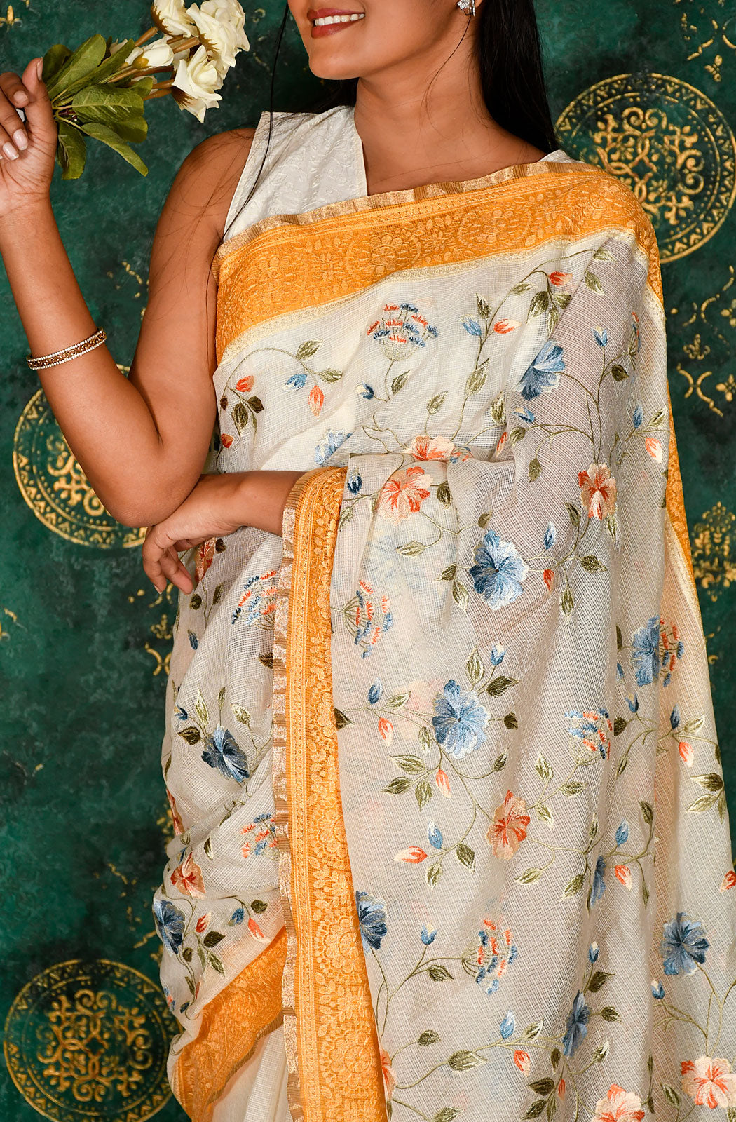 Off White and Mustard Kota Check Embroidered Saree - Naksheband