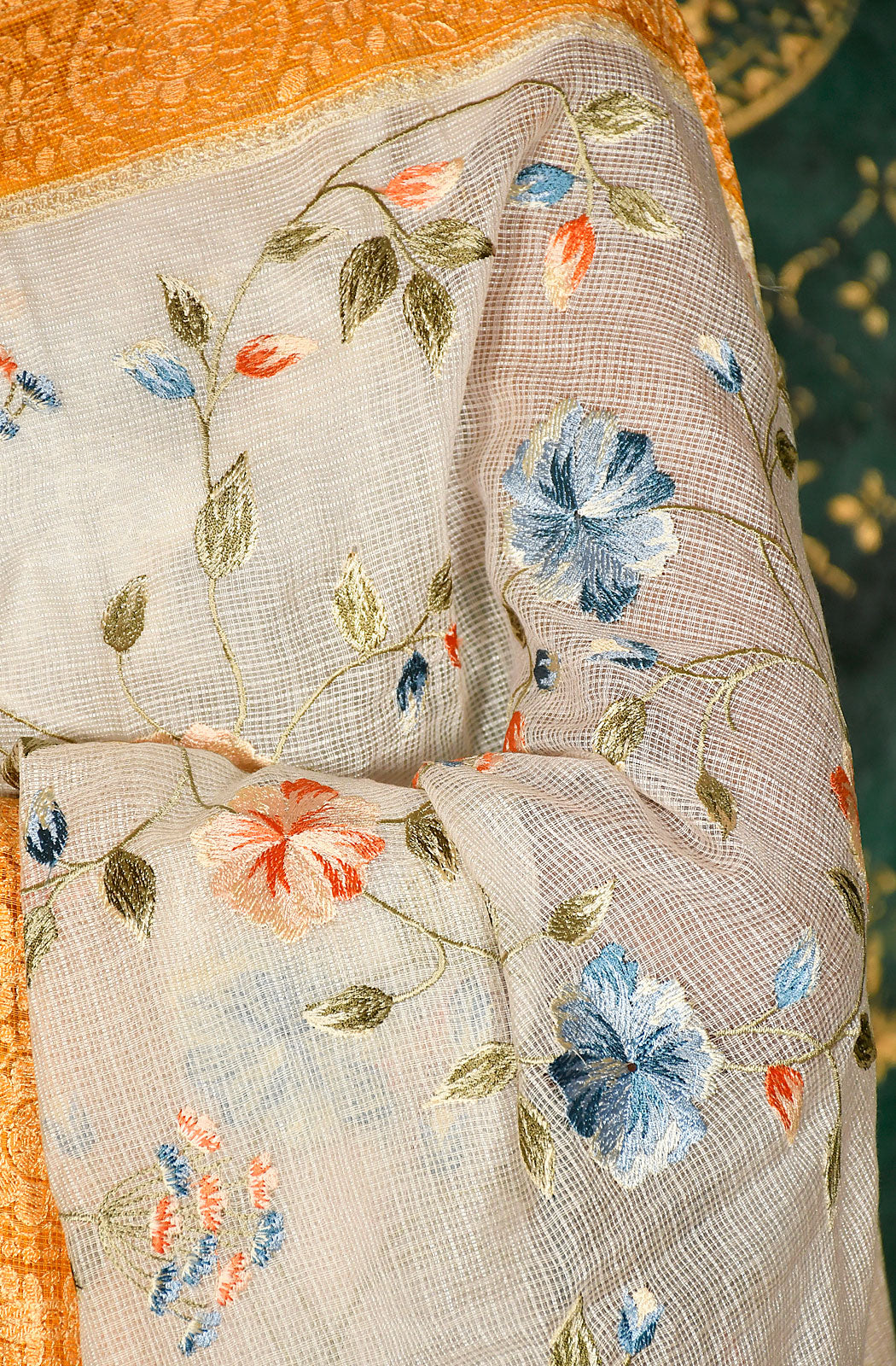 Off White and Mustard Kota Check Embroidered Saree - Naksheband