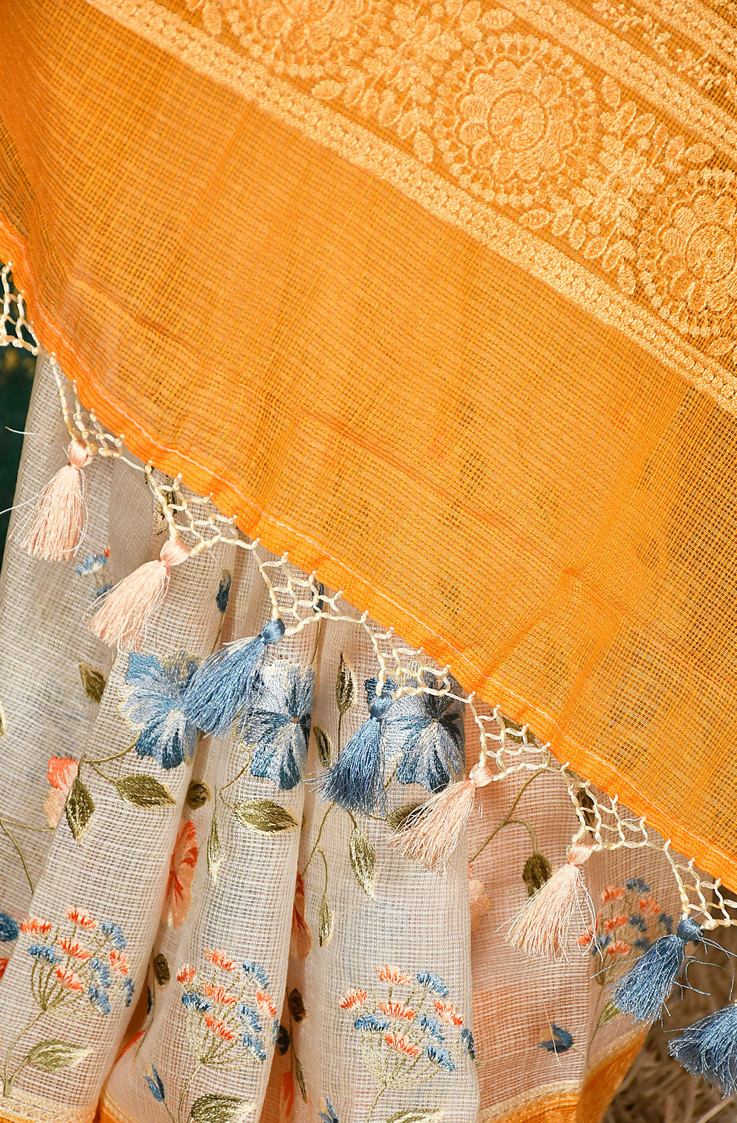 Off White and Mustard Kota Check Embroidered Saree - Naksheband