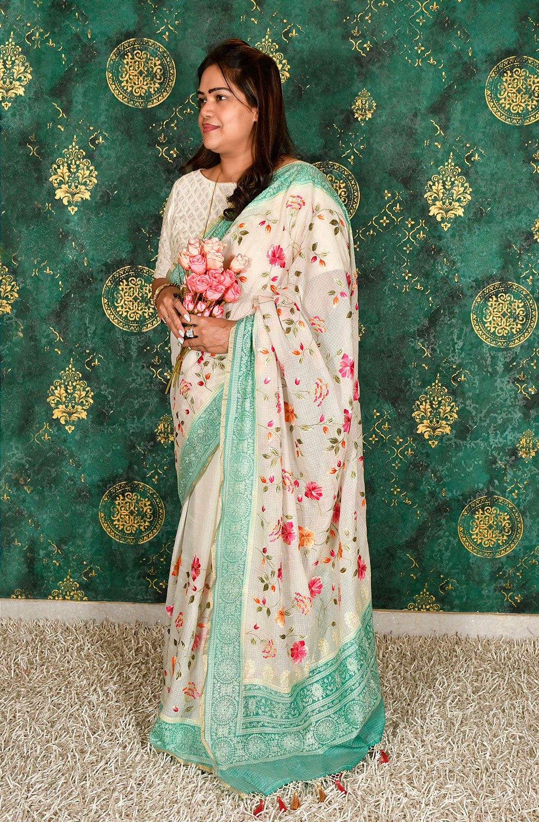 Off White and Sea Green Kota Check Embroidered Saree - Naksheband