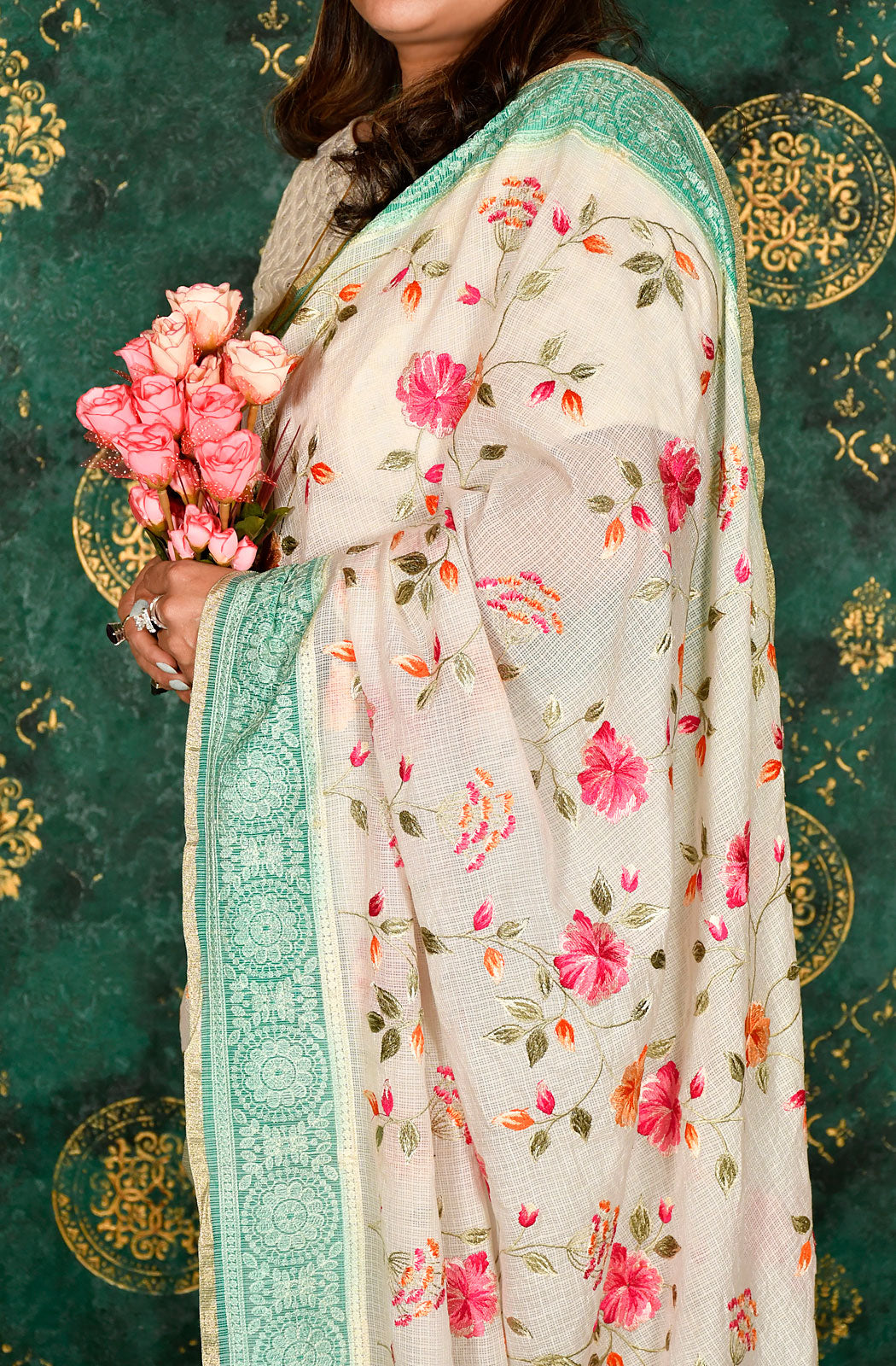 Off White and Sea Green Kota Check Embroidered Saree - Naksheband