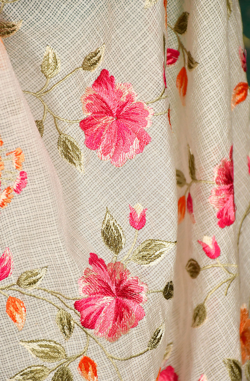 Off White and Sea Green Kota Check Embroidered Saree - Naksheband