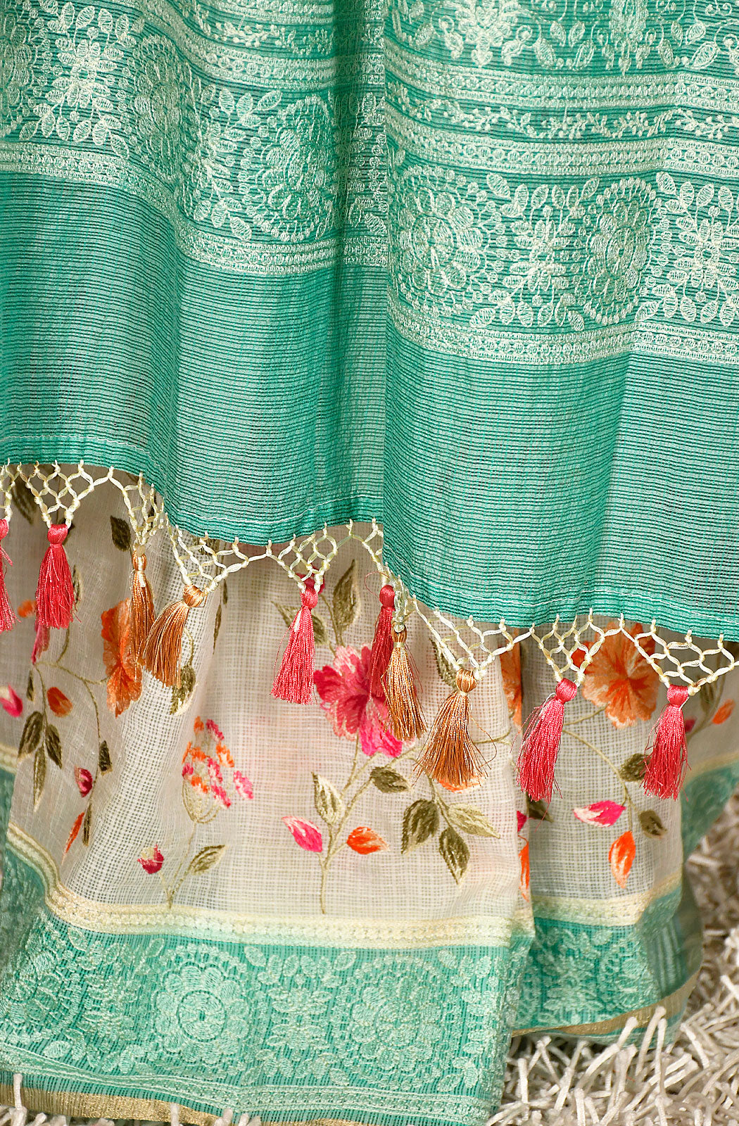 Off White and Sea Green Kota Check Embroidered Saree - Naksheband