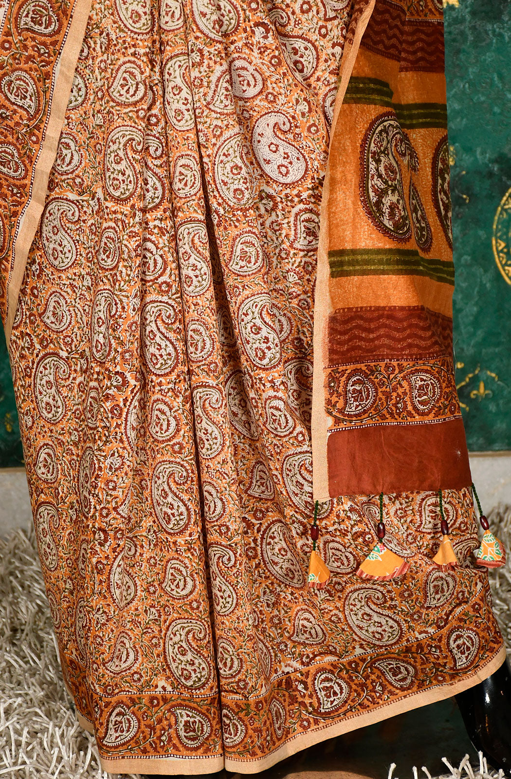 Mustard and Brown Pure Silk Chanderi Hand Block Printed Saree