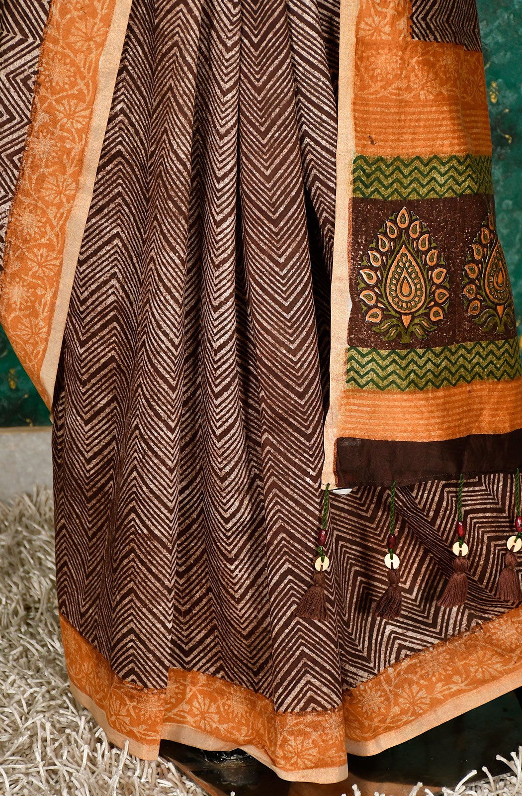Brown Pure Silk Chanderi Hand Block Printed Saree - Naksheband