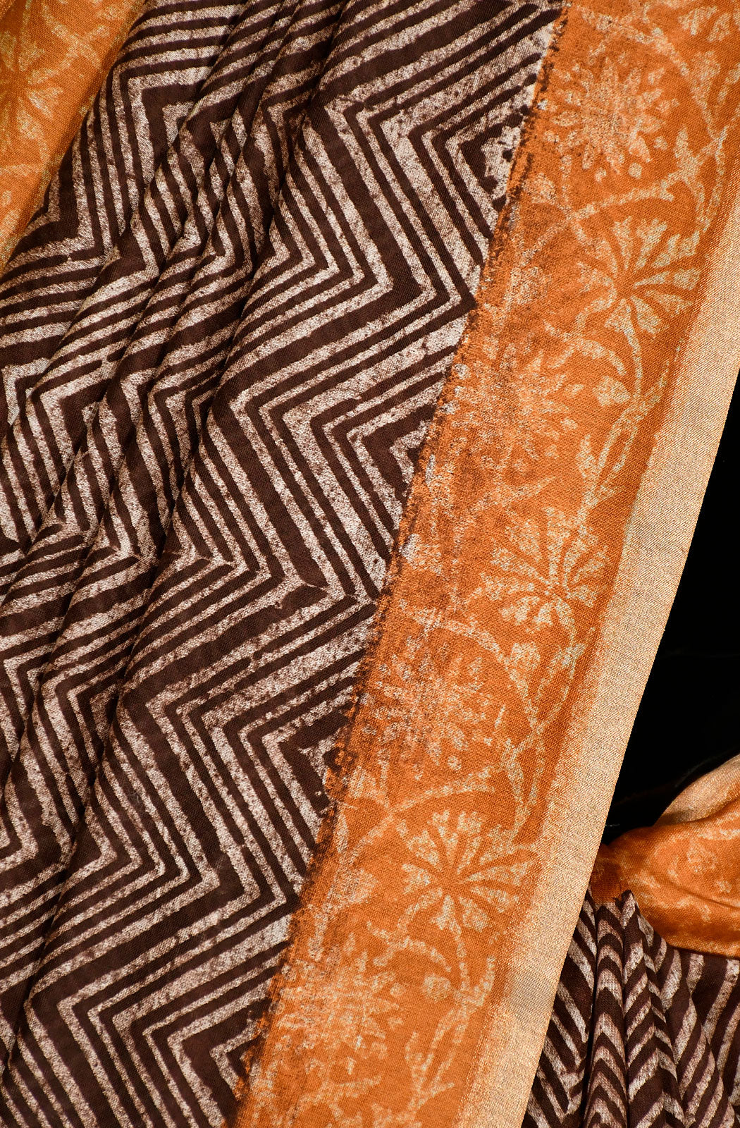 Brown Pure Silk Chanderi Hand Block Printed Saree - Naksheband