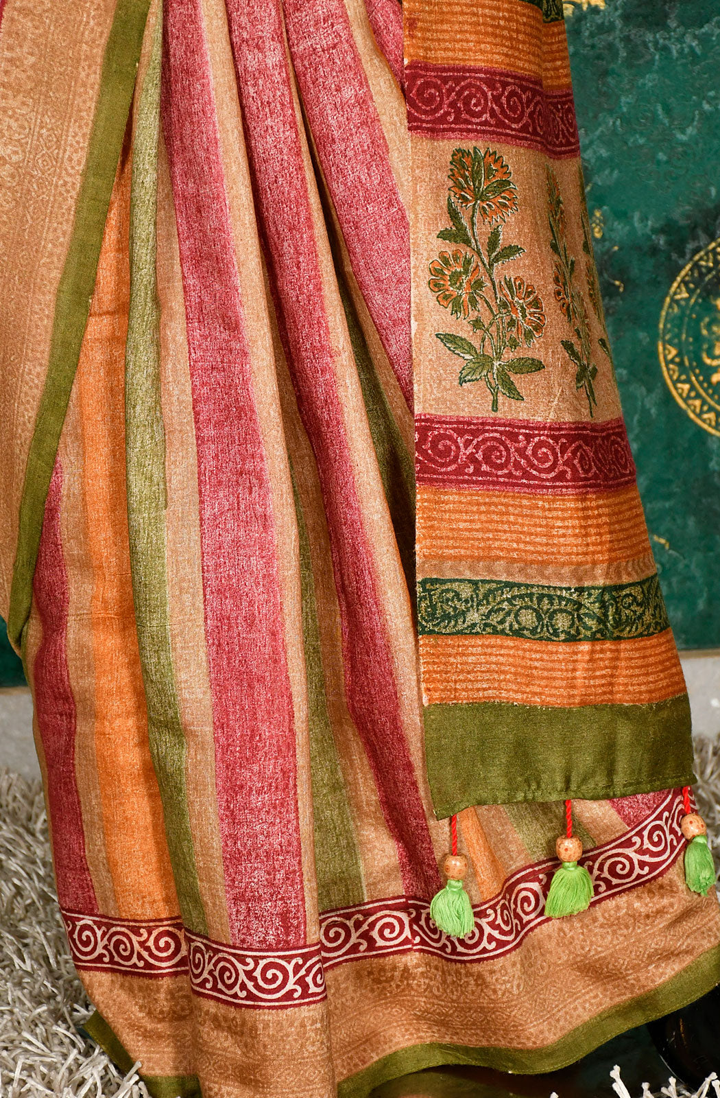 Multicolor Pure Munga Hand Block Printed Saree - Naksheband