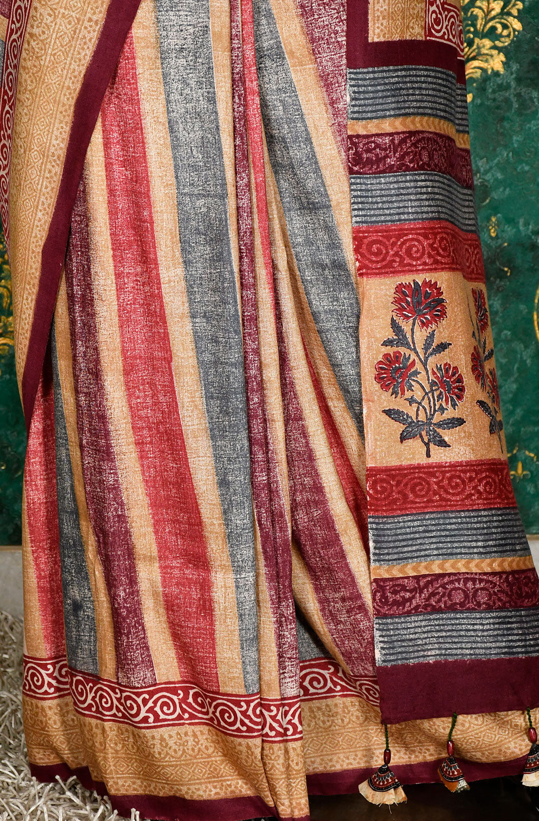 Multicolor Pure Munga Silk Hand Block Printed Saree - Naksheband