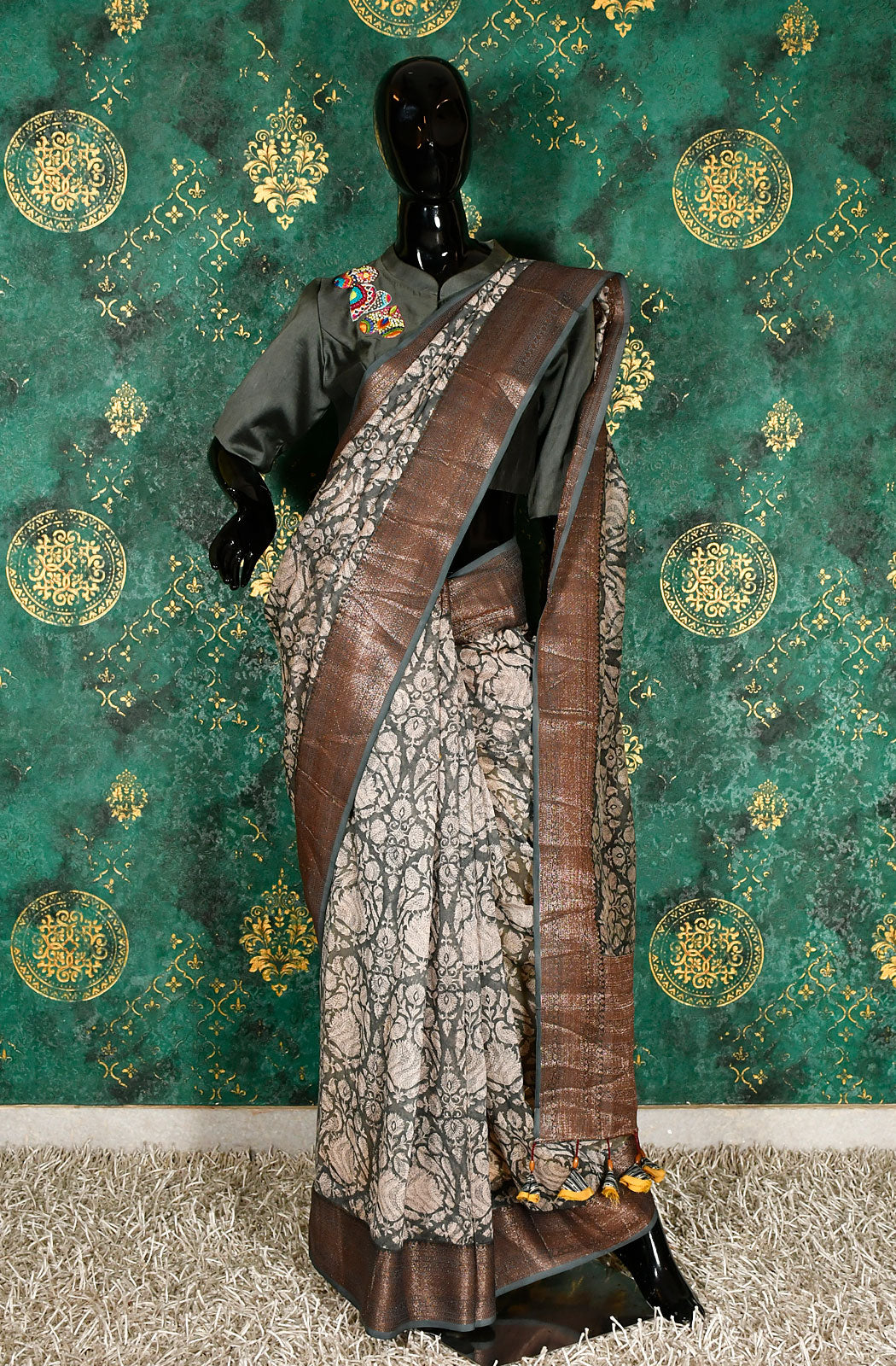 Grey and Off White Pure Silk Chanderi Hand Block Printed Saree