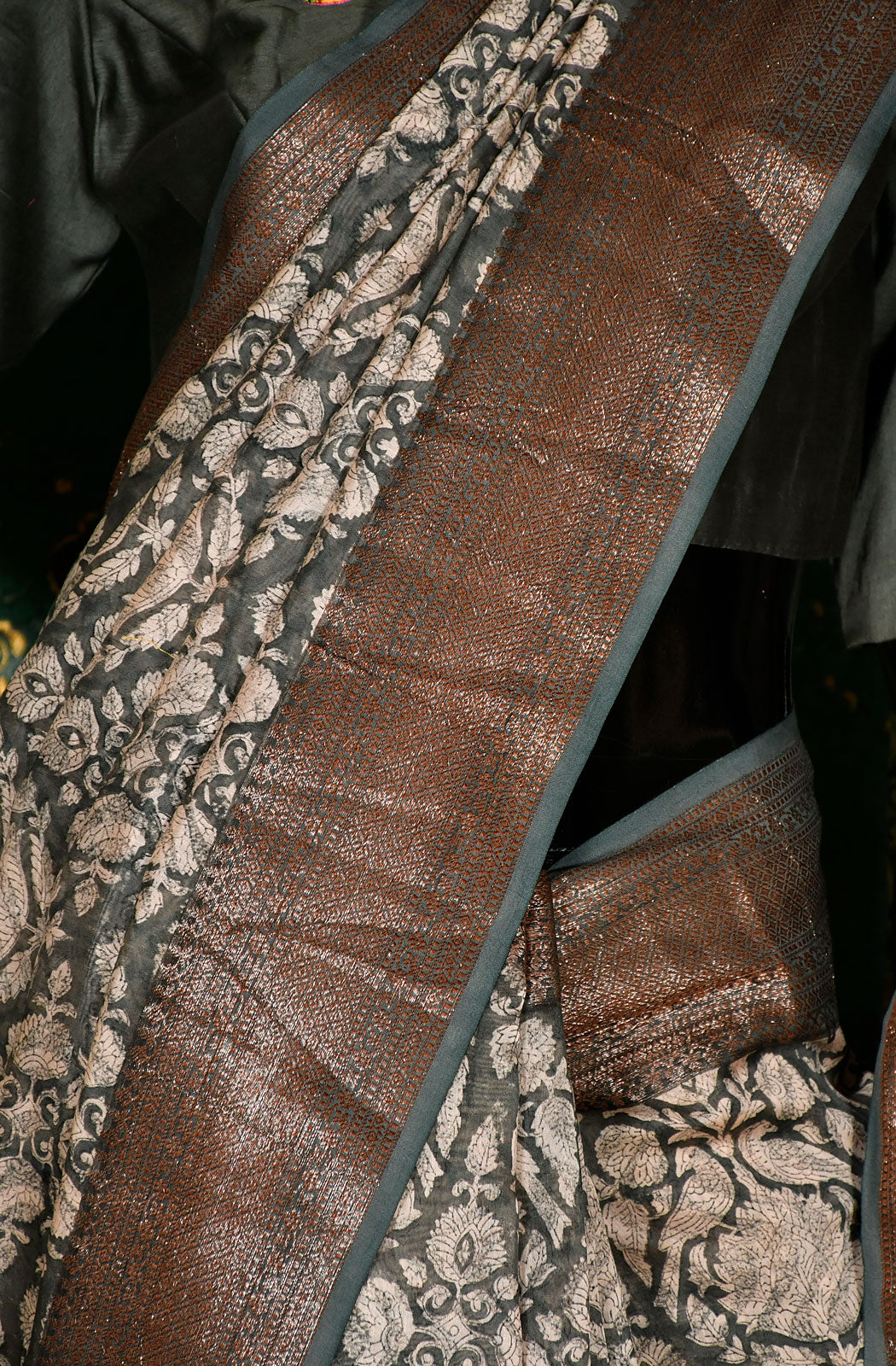 Grey and Off White Pure Silk Chanderi Hand Block Printed Saree