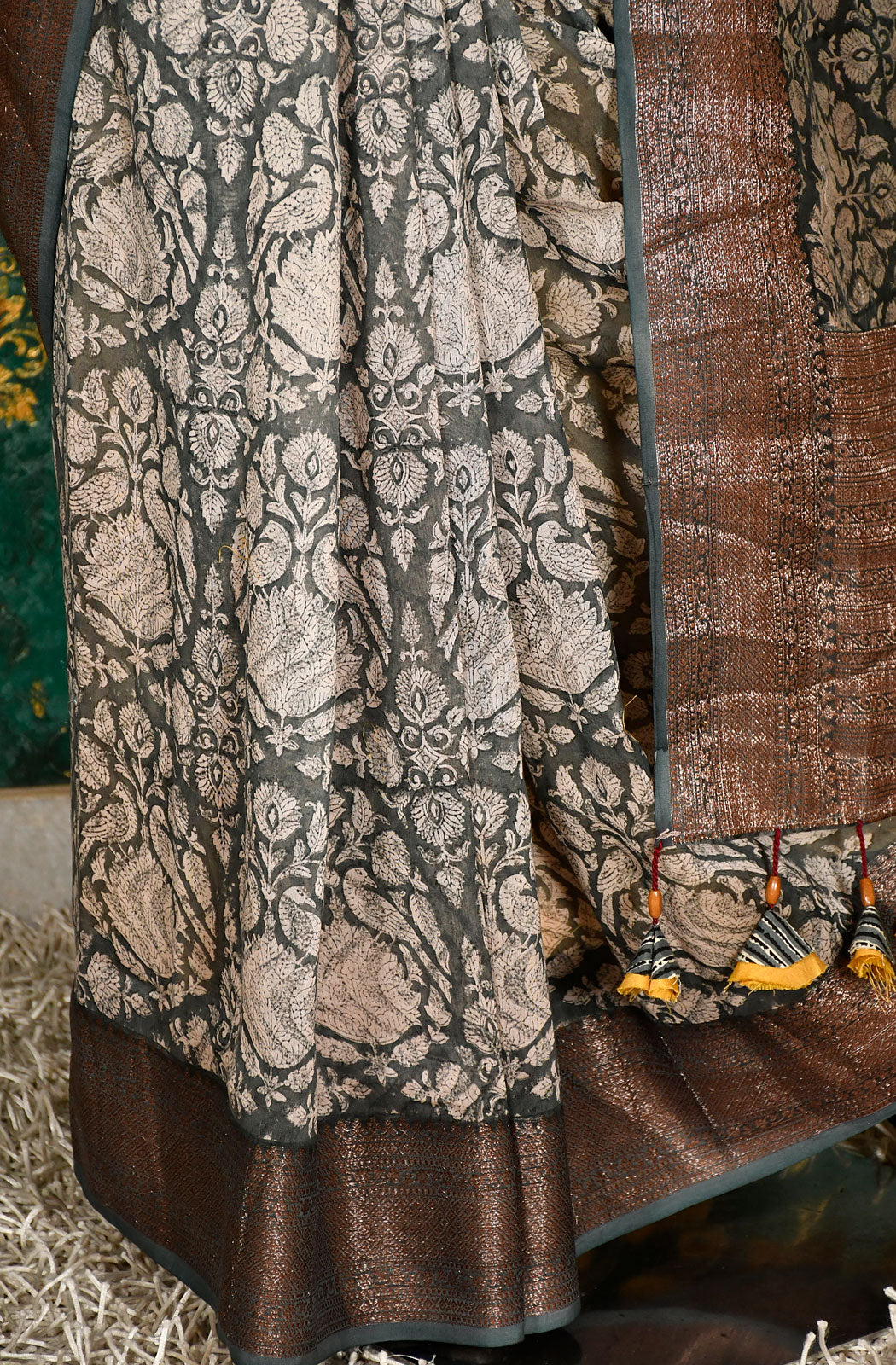 Grey and Off White Pure Silk Chanderi Hand Block Printed Saree - Naksheband