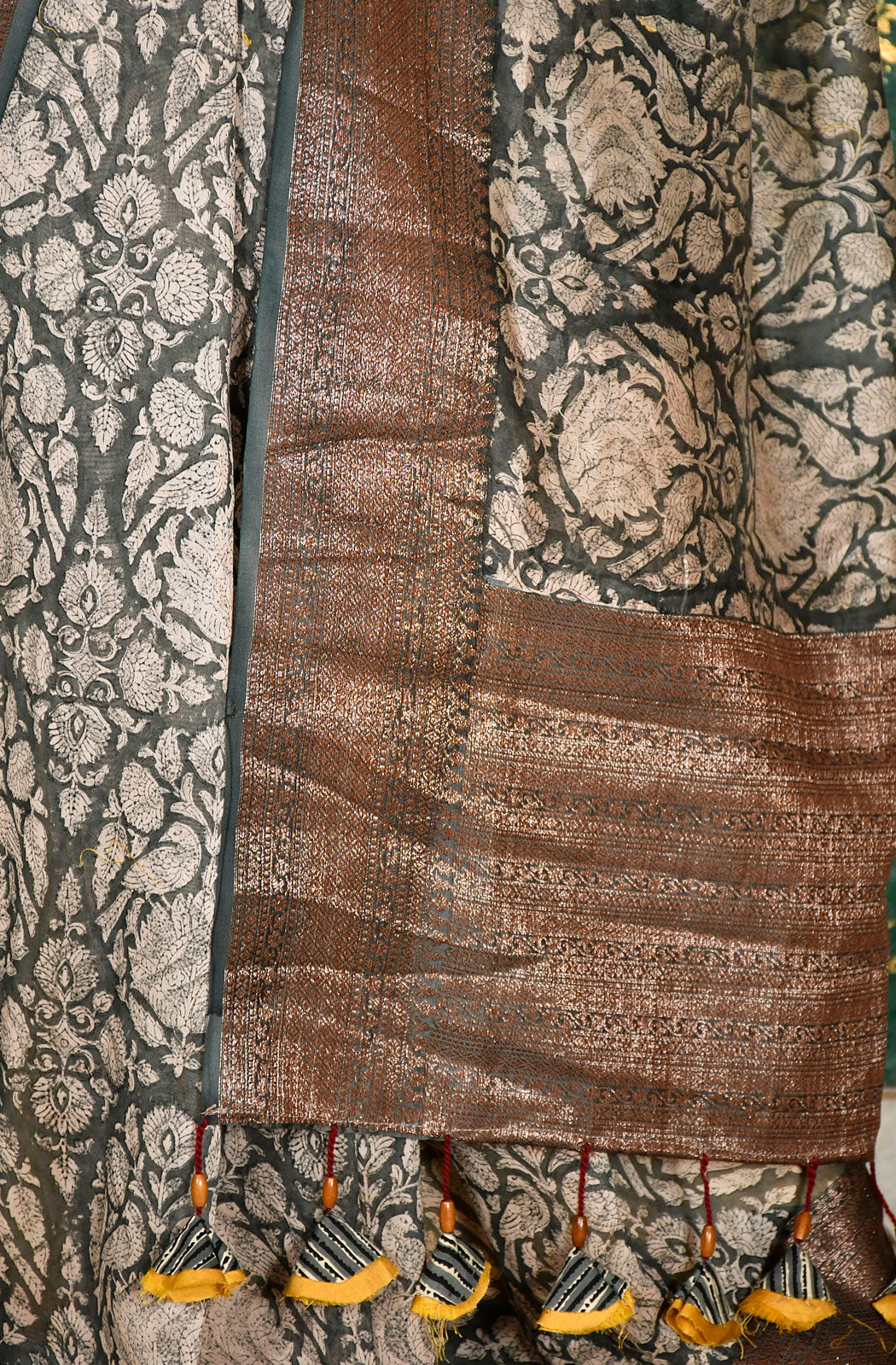 Grey and Off White Pure Silk Chanderi Hand Block Printed Saree