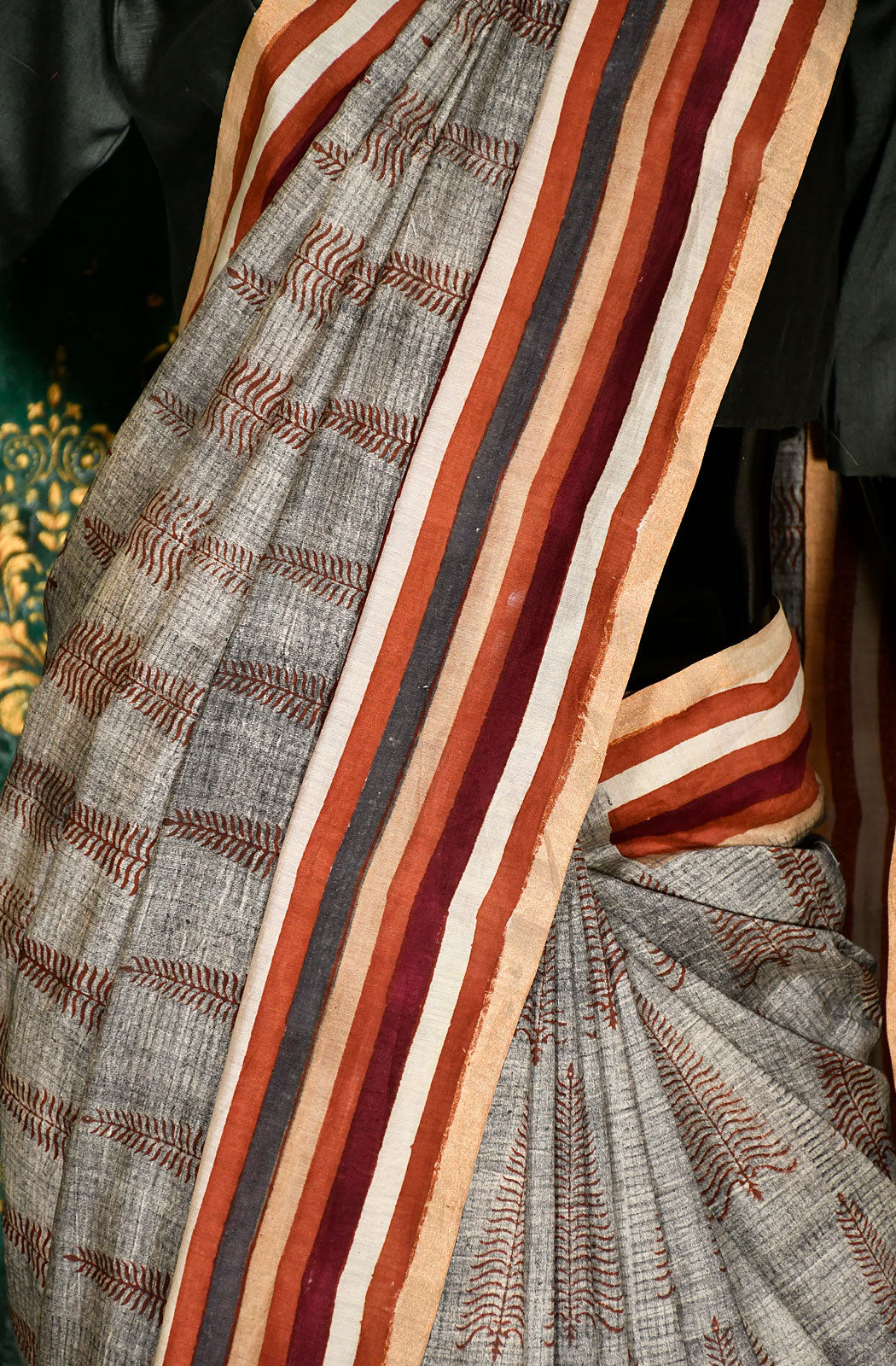 Grey Pure Silk Chanderi Hand Block Printed Saree