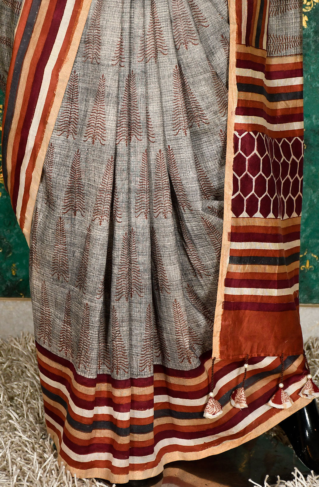 Grey Pure Silk Chanderi Hand Block Printed Saree - Naksheband