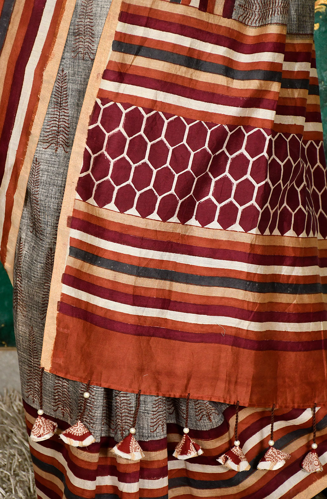 Grey Pure Silk Chanderi Hand Block Printed Saree - Naksheband