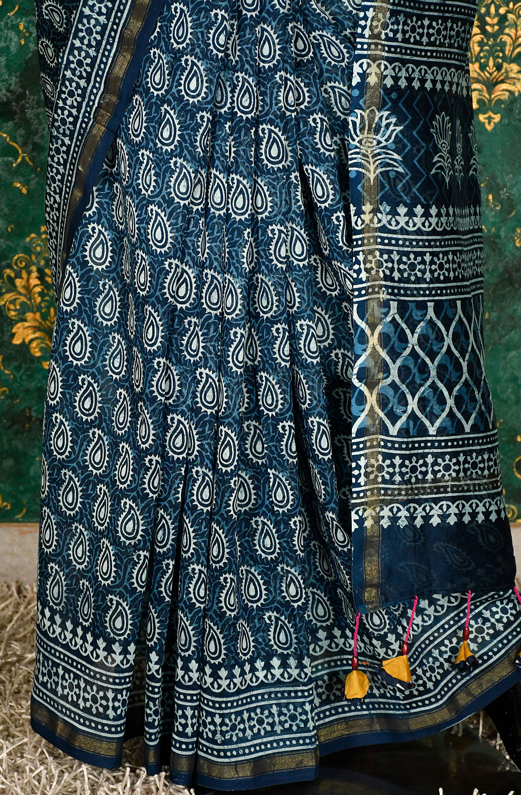 Indigo Pure Silk Chanderi Hand Block Printed Saree