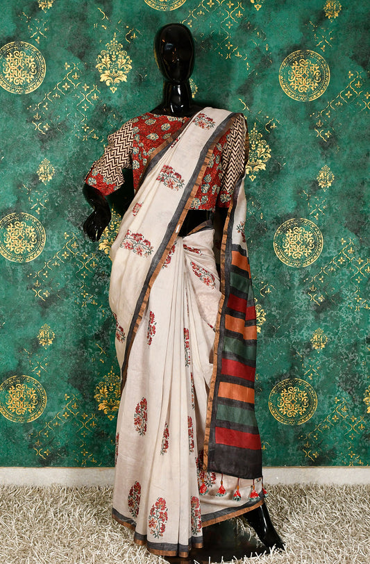 Beige Pure Silk Chanderi Hand Block Printed Saree - Naksheband