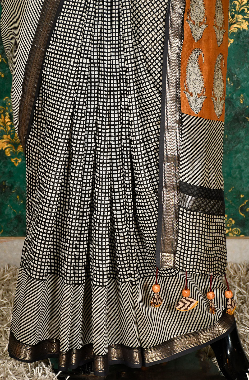 Black and White Pure Silk Chanderi Hand Block Printed Saree