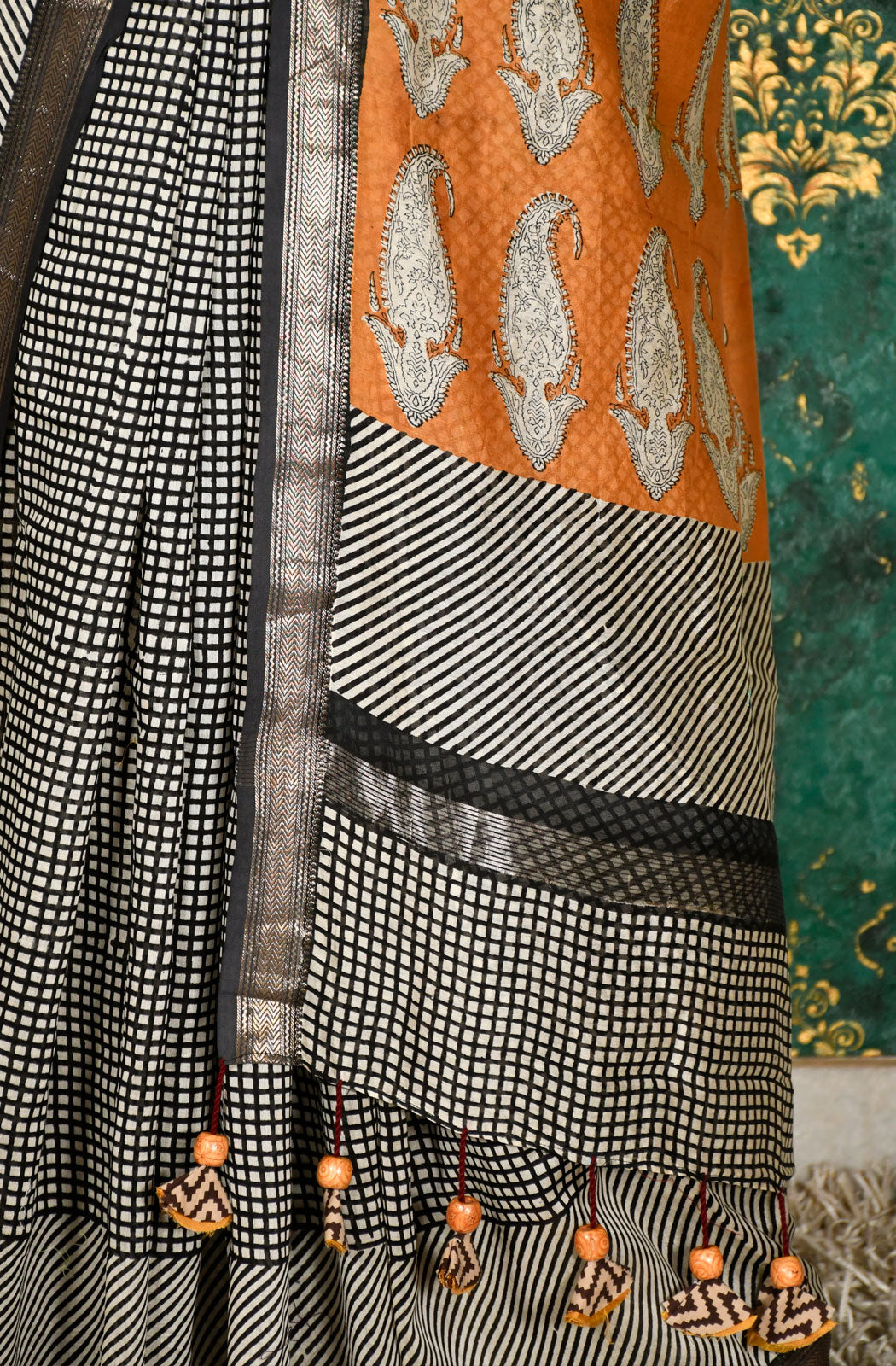 Black and White Pure Silk Chanderi Hand Block Printed Saree