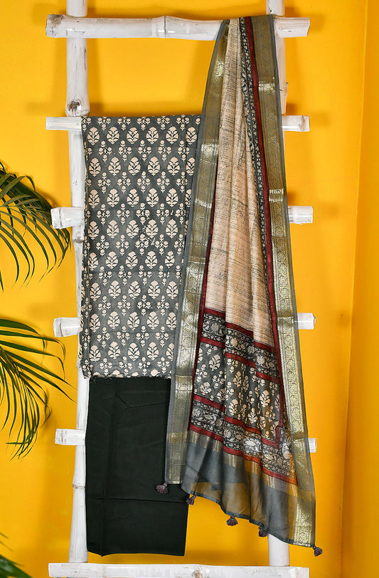 Grey Pure Silk Chanderi Unstitched Suit Set - Naksheband