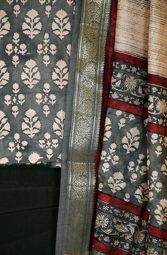 Grey Pure Silk Chanderi Unstitched Suit Set - Naksheband