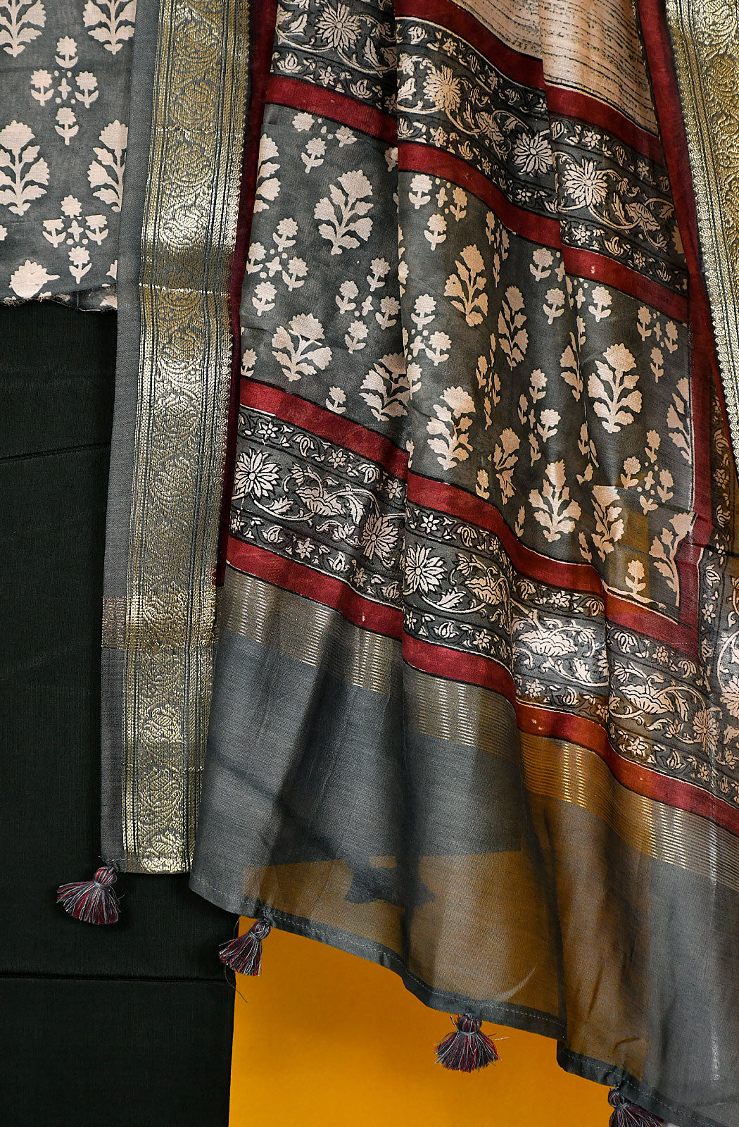 Grey Pure Silk Chanderi Unstitched Suit Set