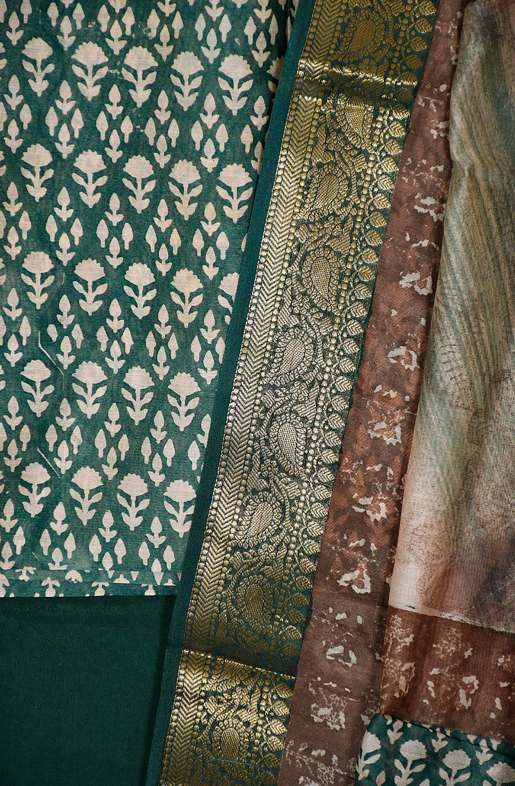 Green and Beige Pure Silk Chanderi Unstitched Suit Set - Naksheband