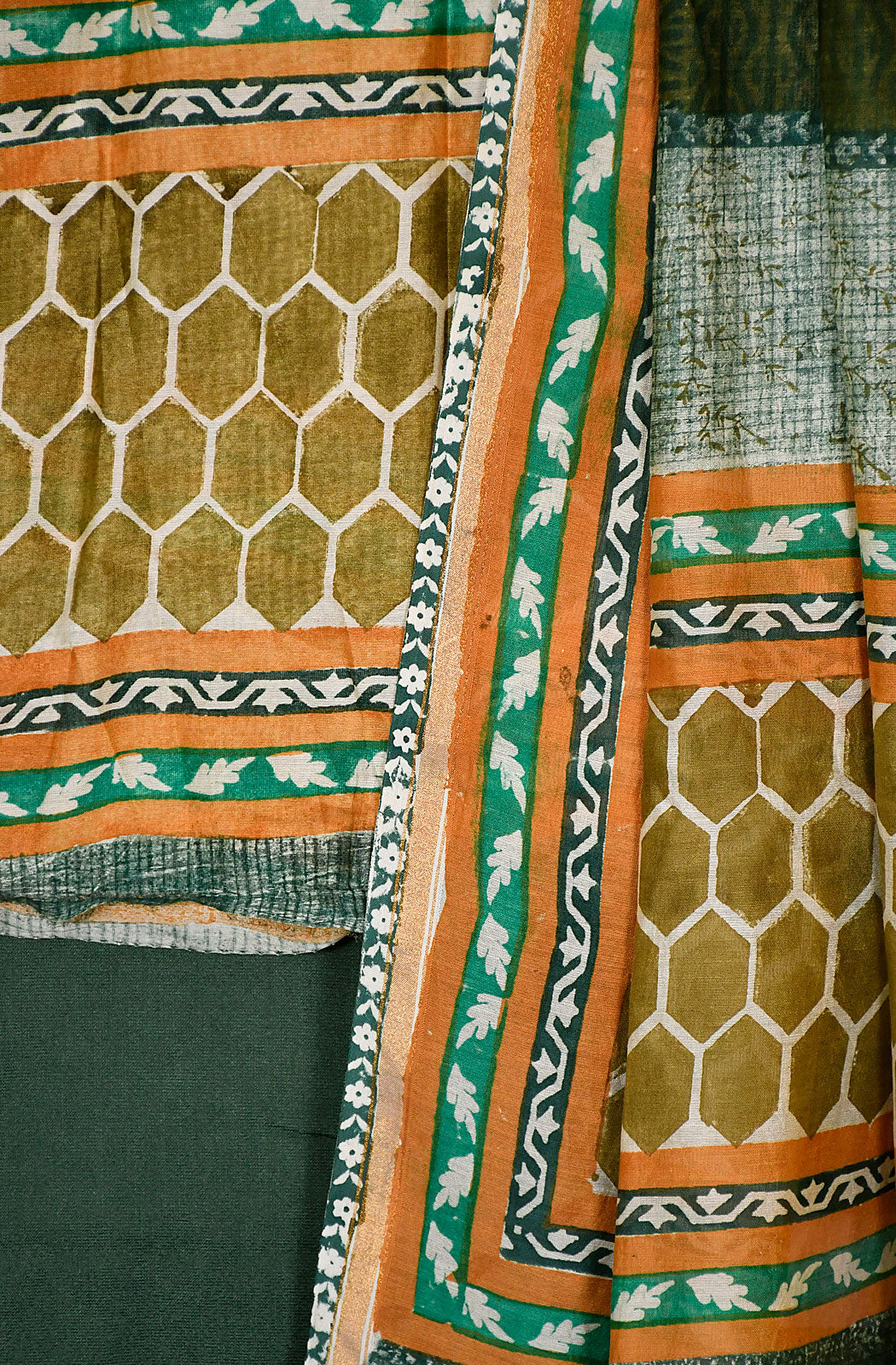 Green and Mustard Pure Silk Chanderi Unstitched Suit Set - Naksheband
