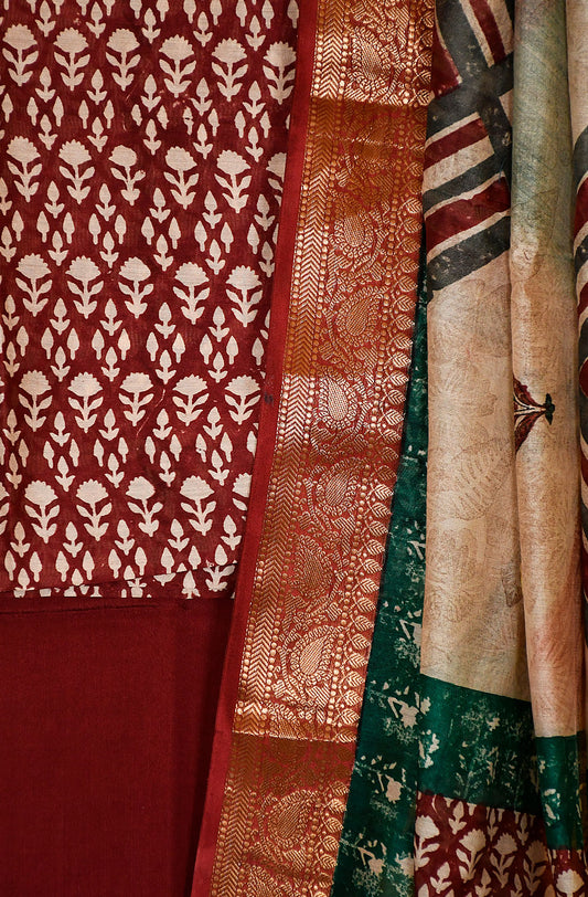 Maroon Pure Silk Chanderi Unstitched Suit Set - Naksheband