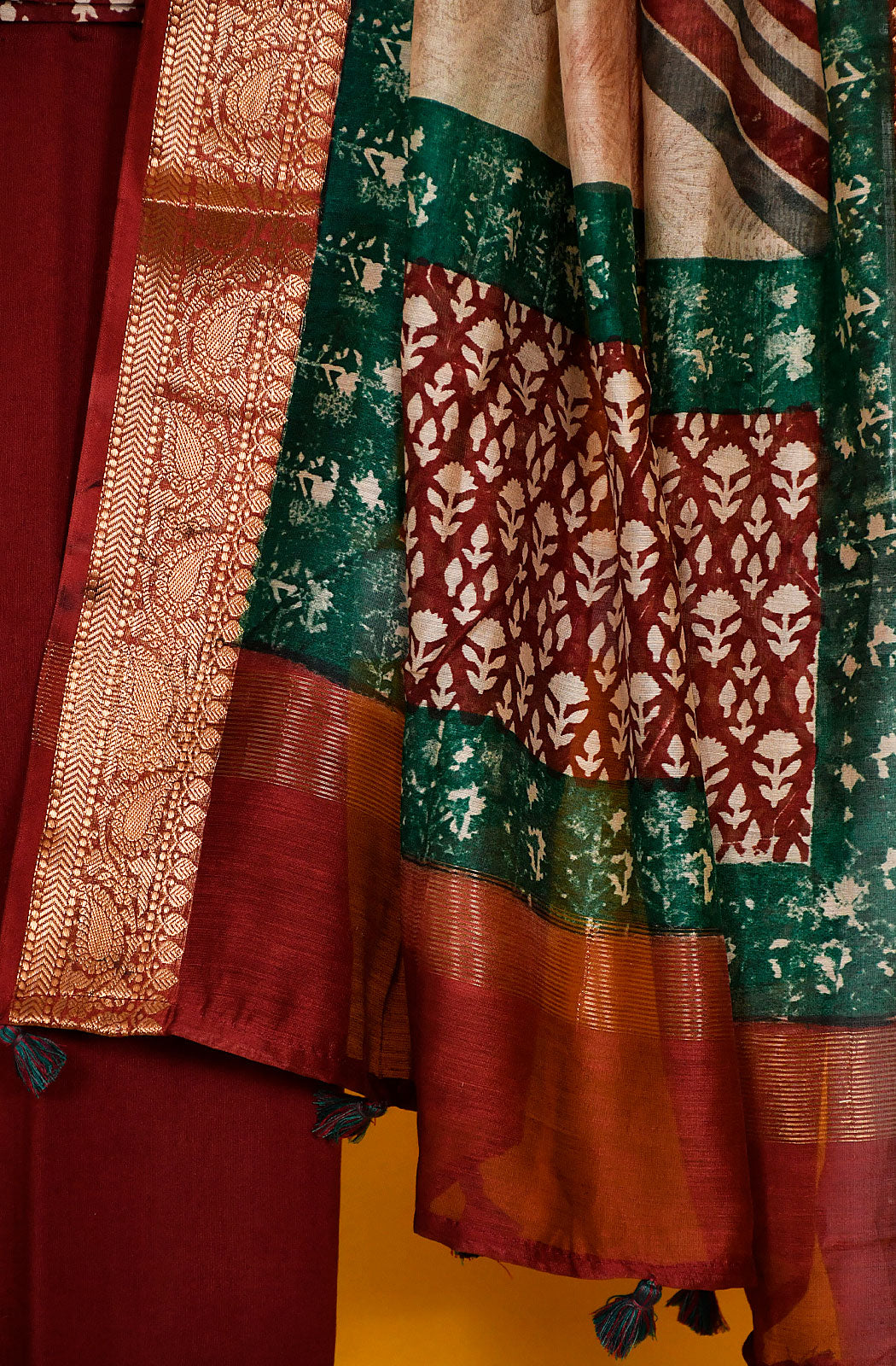 Maroon Pure Silk Chanderi Unstitched Suit Set