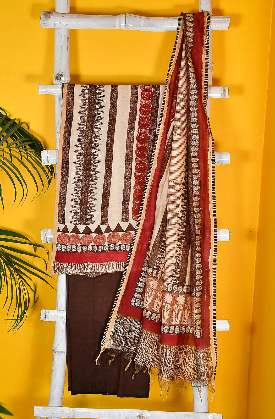 Beige and Brown Pure Silk Chanderi Unstitched Suit Set