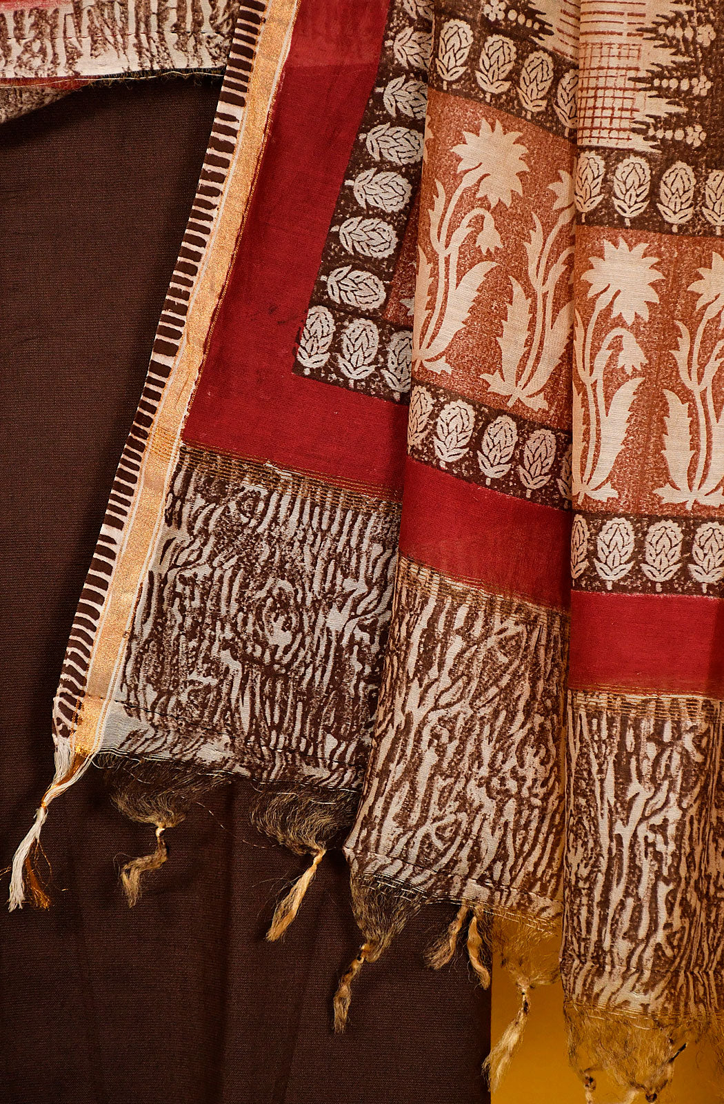 Beige and Brown Pure Silk Chanderi Unstitched Suit Set