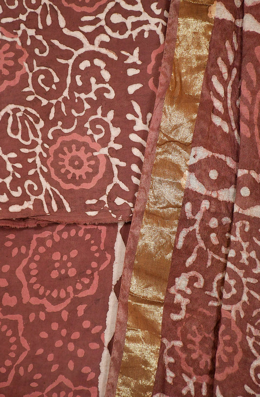 Rust and Off White Pure Cotton Unstitched Suit Set - Naksheband