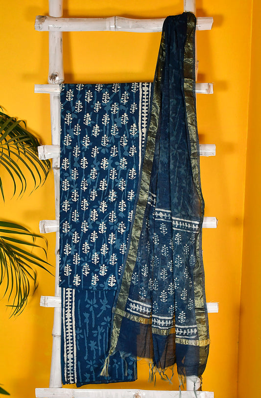 Indigo Pure Cotton Unstitched Suit Set - Naksheband