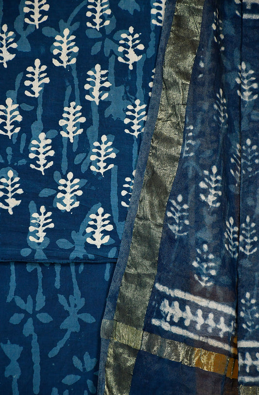 Indigo Pure Cotton Unstitched Suit Set - Naksheband