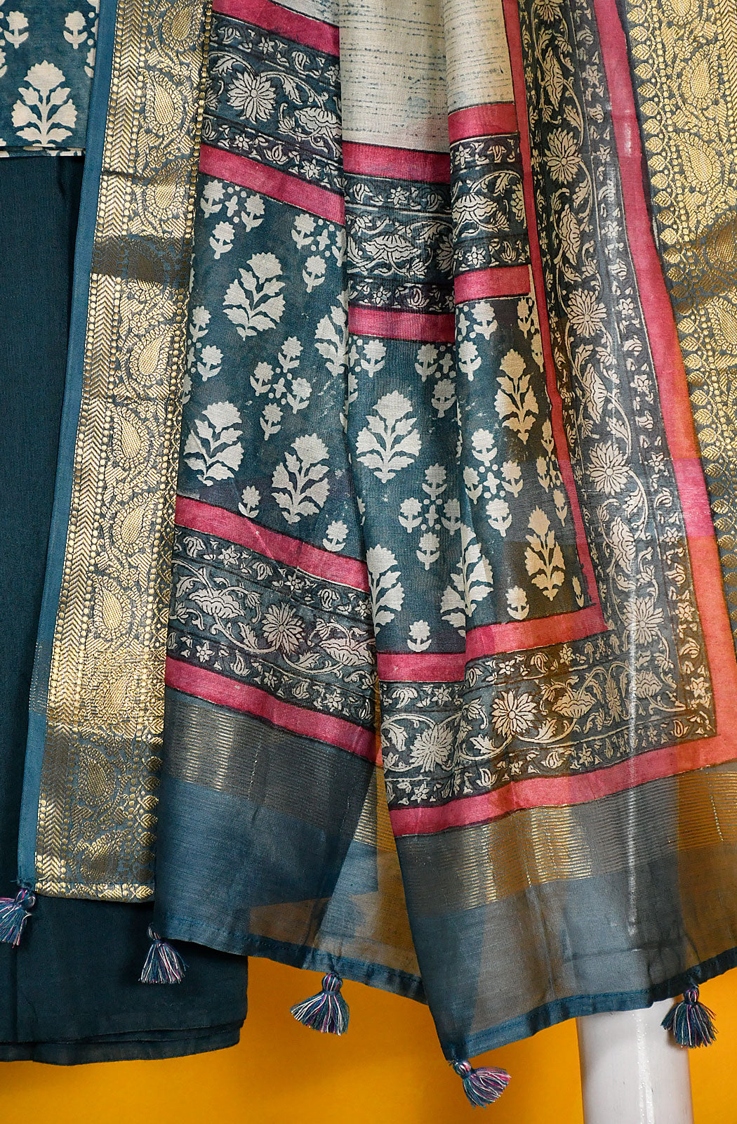 Ocean Blue and Beige Pure Silk Chanderi Unstitched Suit Set