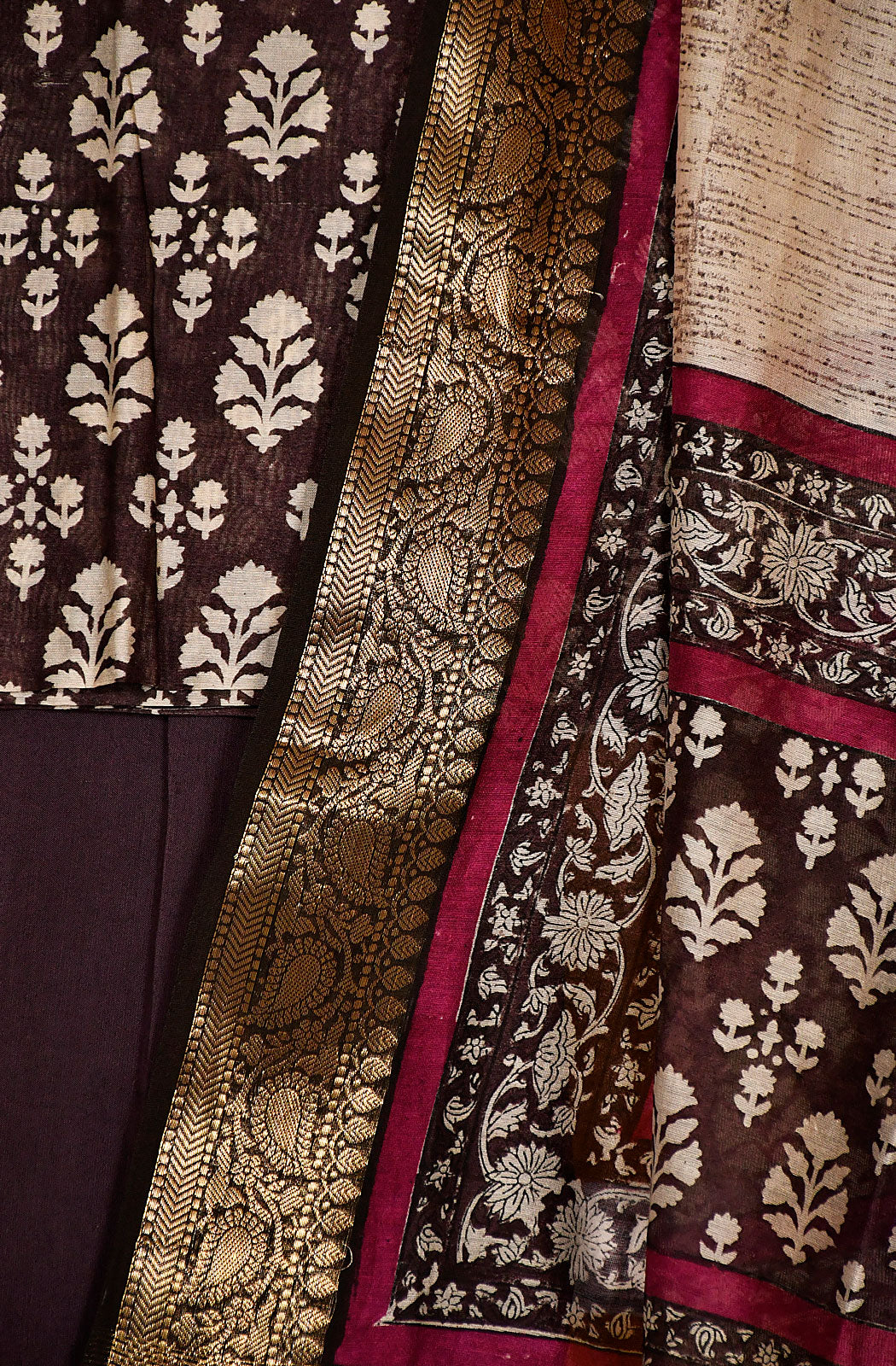 Dark Brown Pure Silk Chanderi Unstitched Suit Set