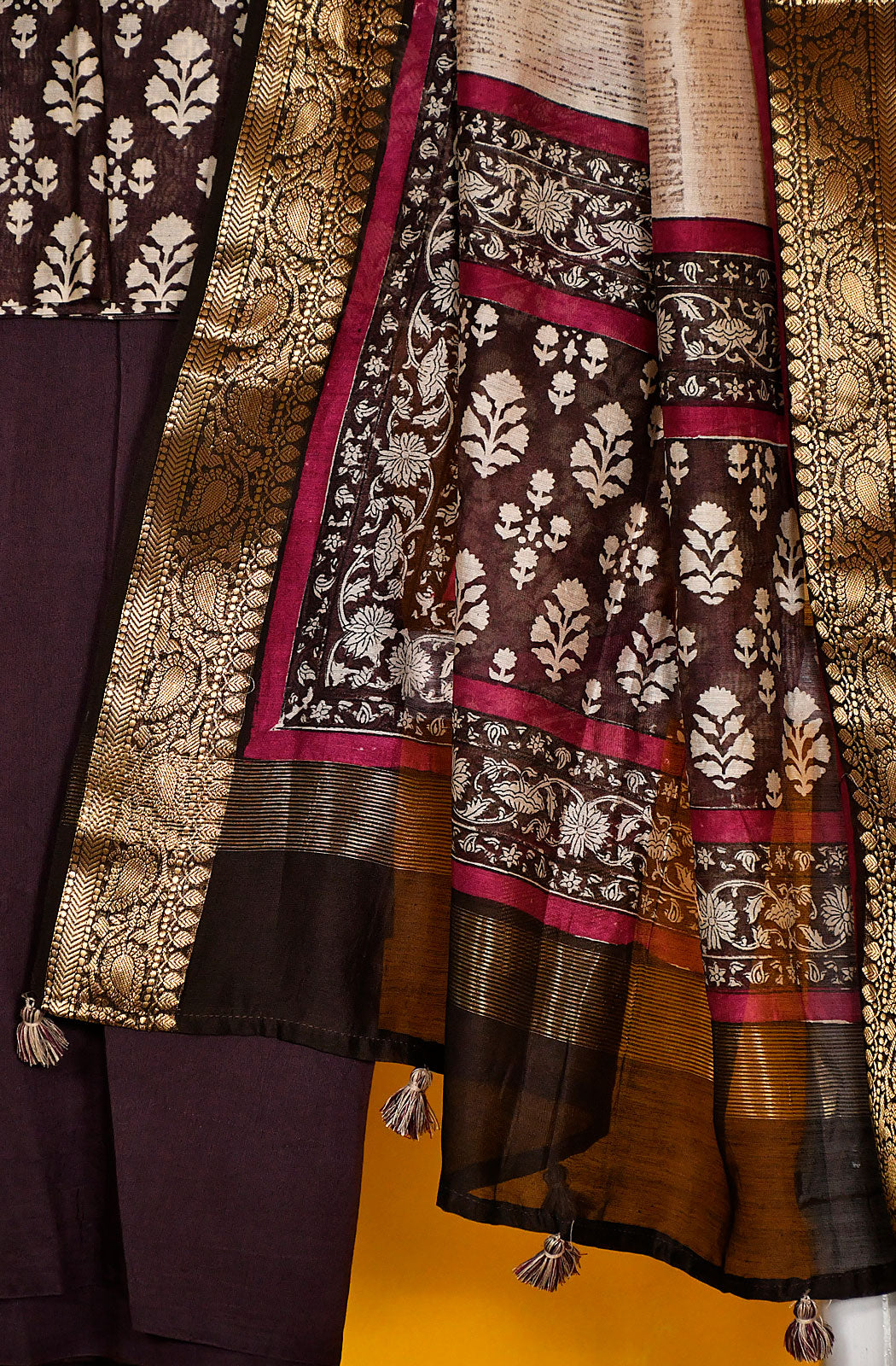 Dark Brown Pure Silk Chanderi Unstitched Suit Set