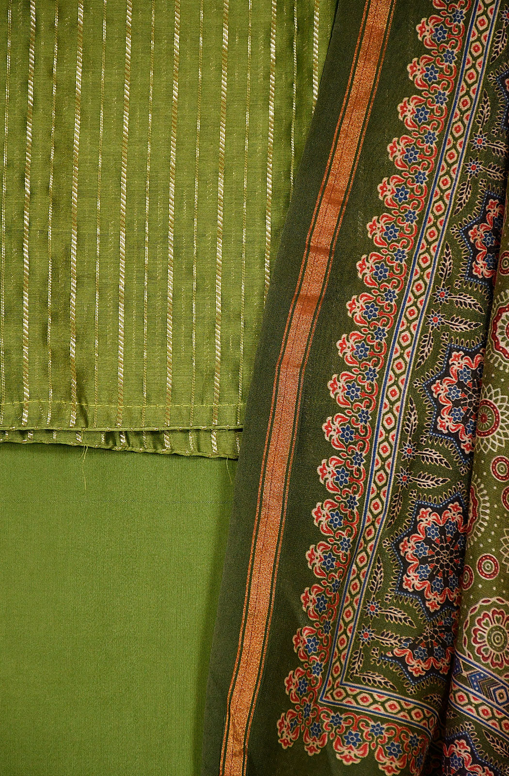 Olive Green Pure Silk Chanderi Unstitched Suit Set