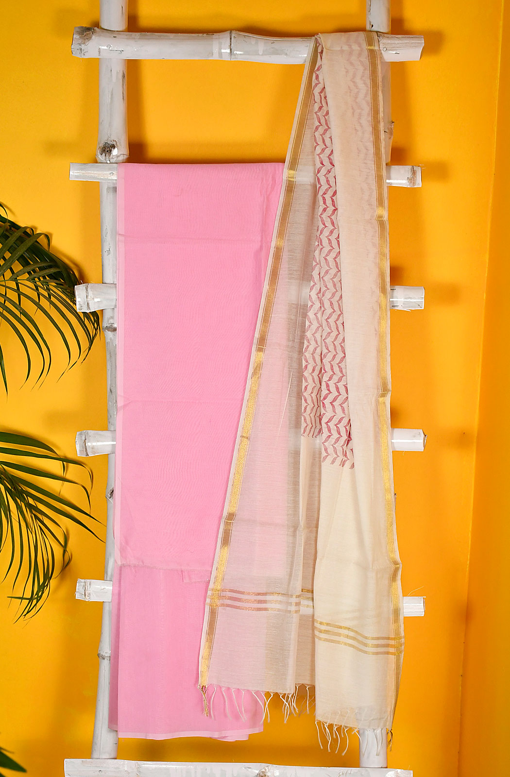 Baby Pink Chanderi Unstitched Suit Set - Naksheband