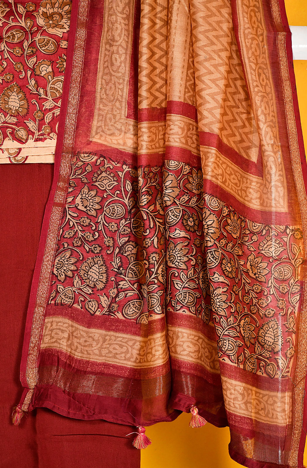 Beige and Maroon Pure Silk Chanderi Unstitched Suit Set